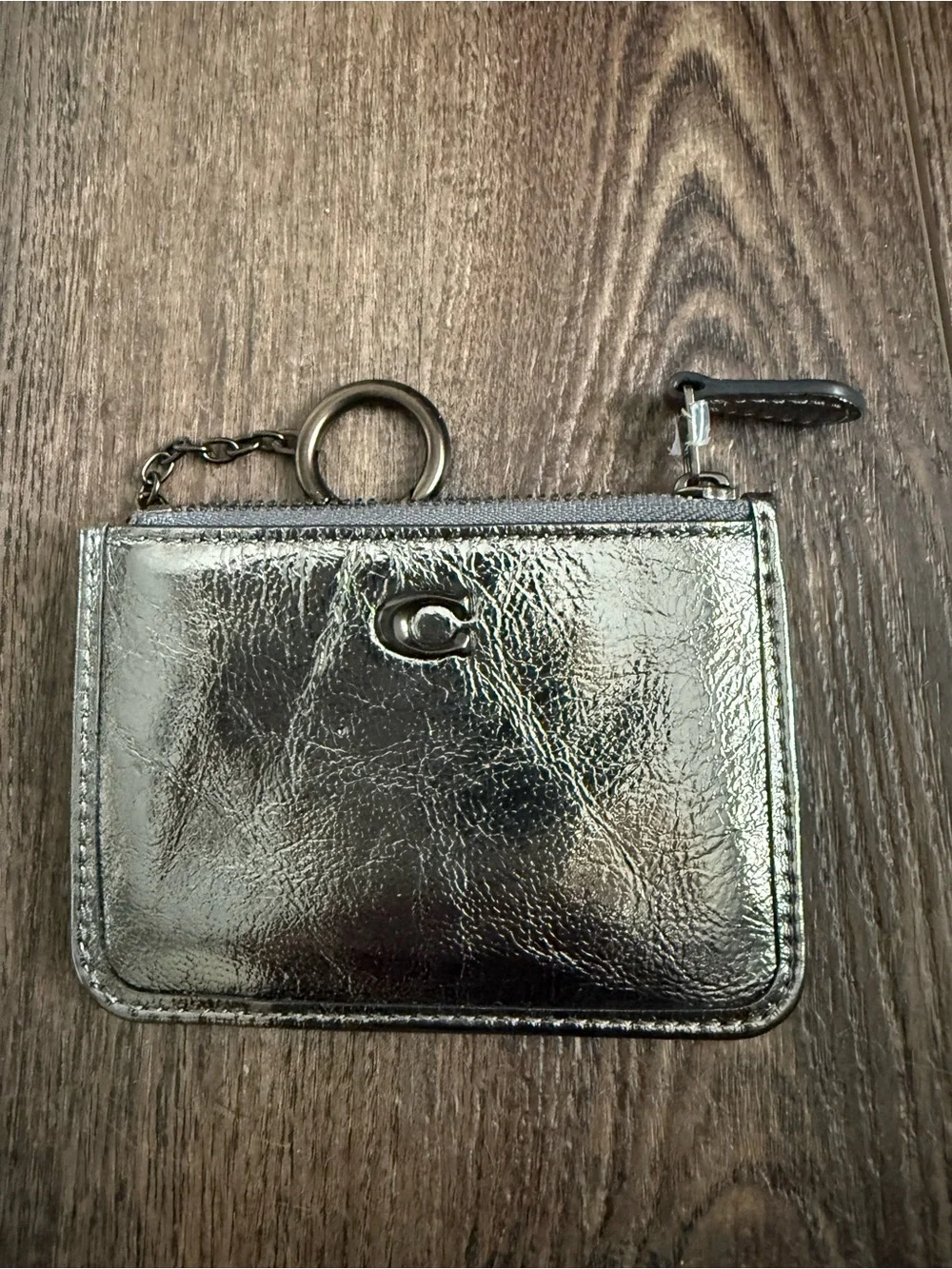Coach Metallic Silver Card ID Holder with Zip and Keyring